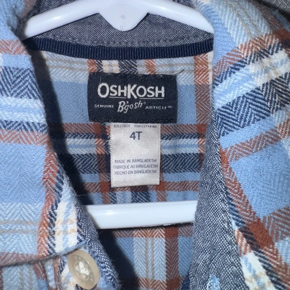 Oshkosh B'Gosh Long Sleeve Shirt Button Up Sz 4T Plaid Flannel Blue Brown White